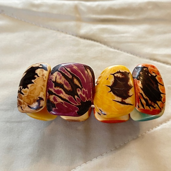 Tagua nut stretchy bracelet, about 7.5” long. Multicolor, carved - Picture 2 of 13